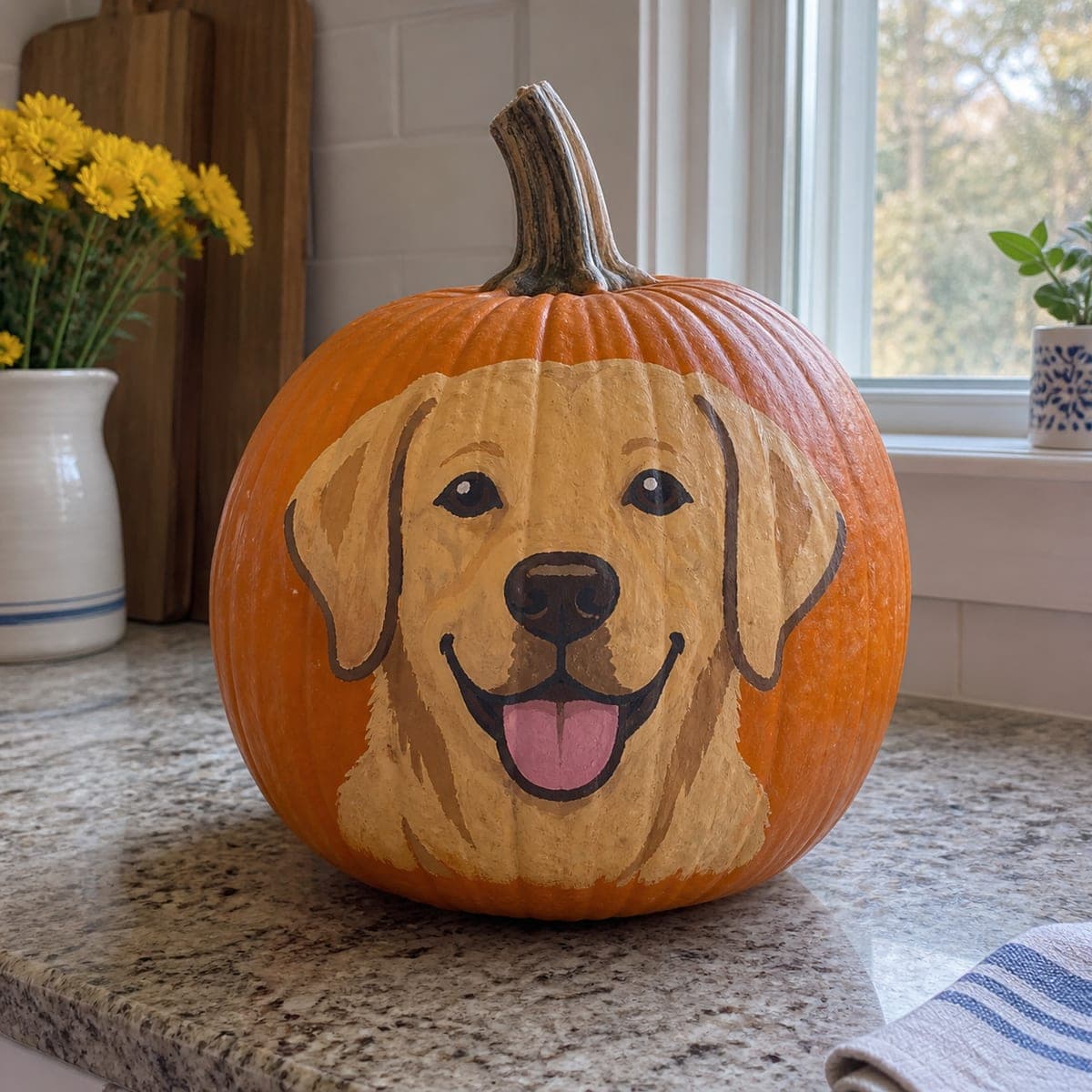 Smiling Golden Retriever Painted Pumpkin Face