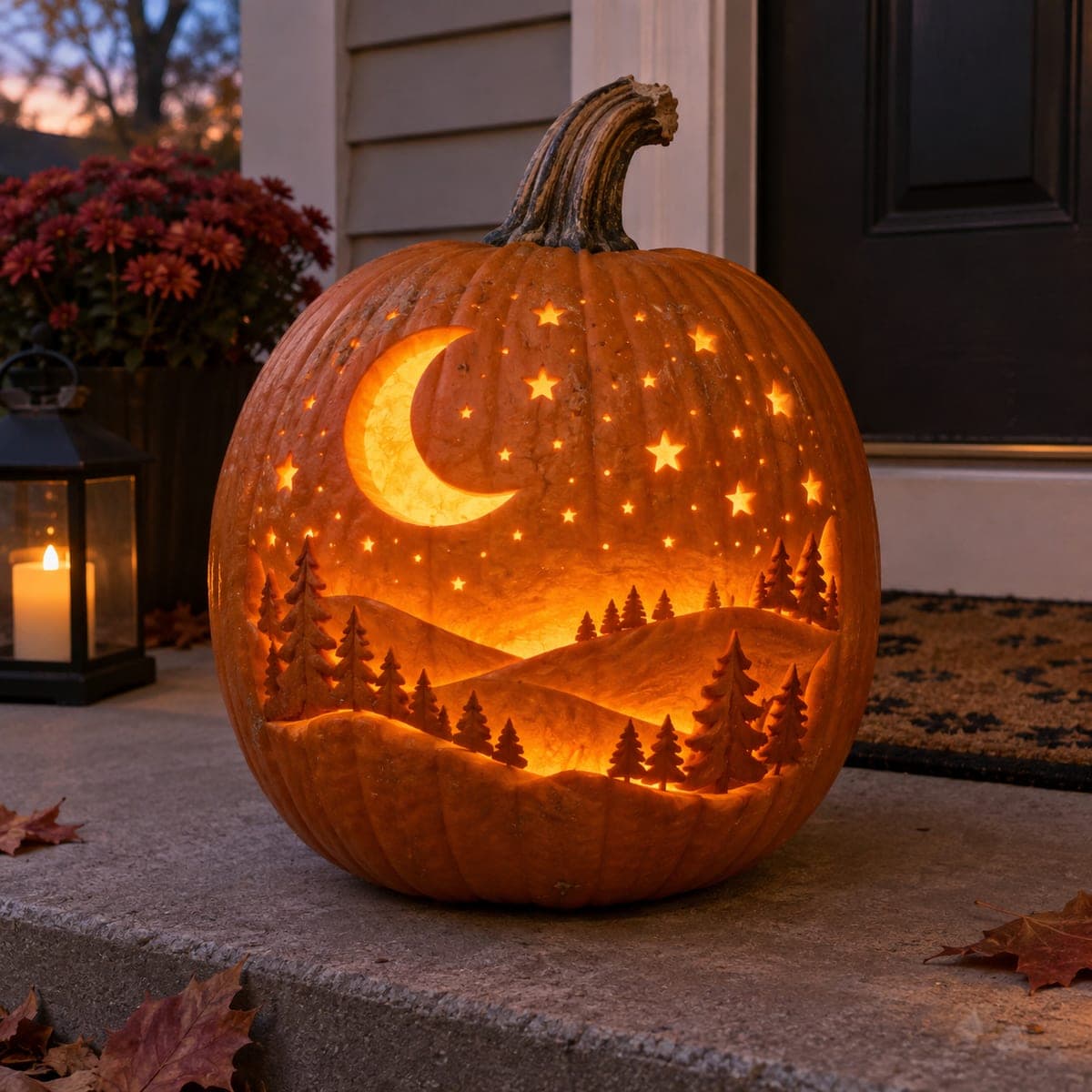 Crescent Moon and Starry Forest Pumpkin Scene