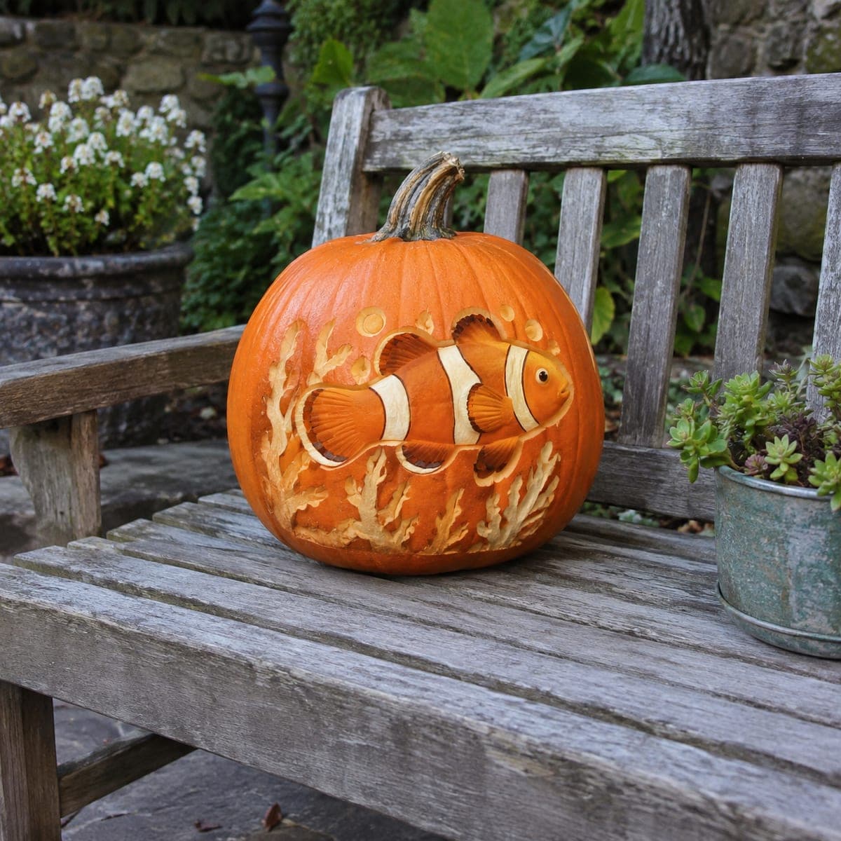 Clownfish and Coral Reef Etched Pumpkin