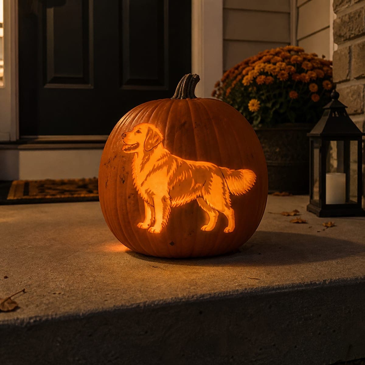 Golden Retriever Standing Proud Glowing Pumpkin