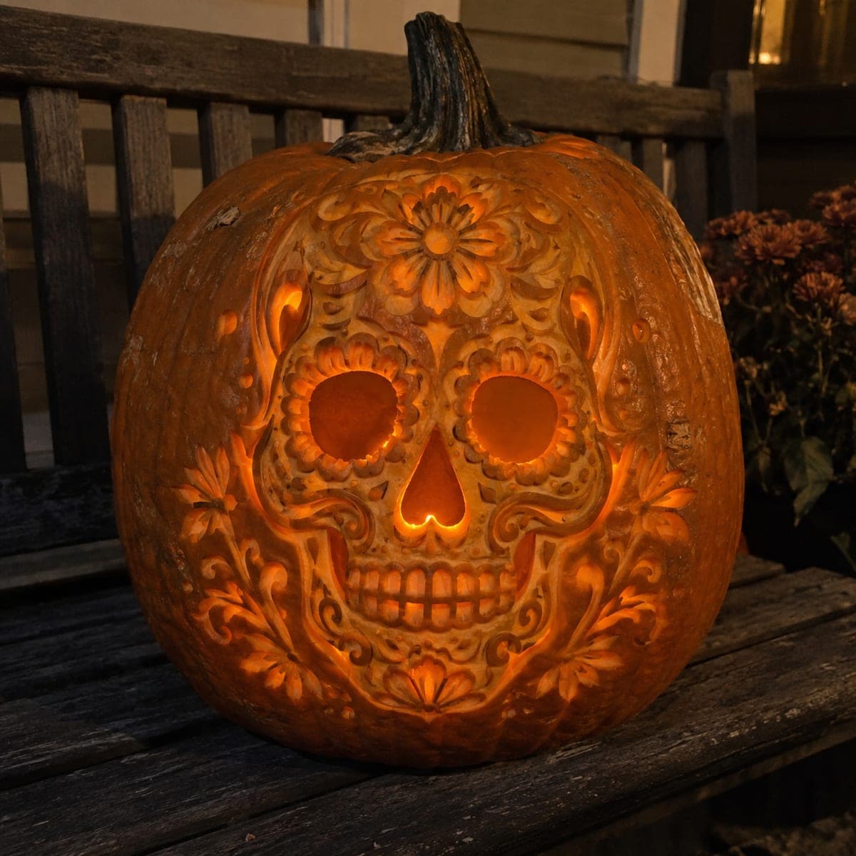 Sugar Skull Pumpkin With Ornate Floral Etching