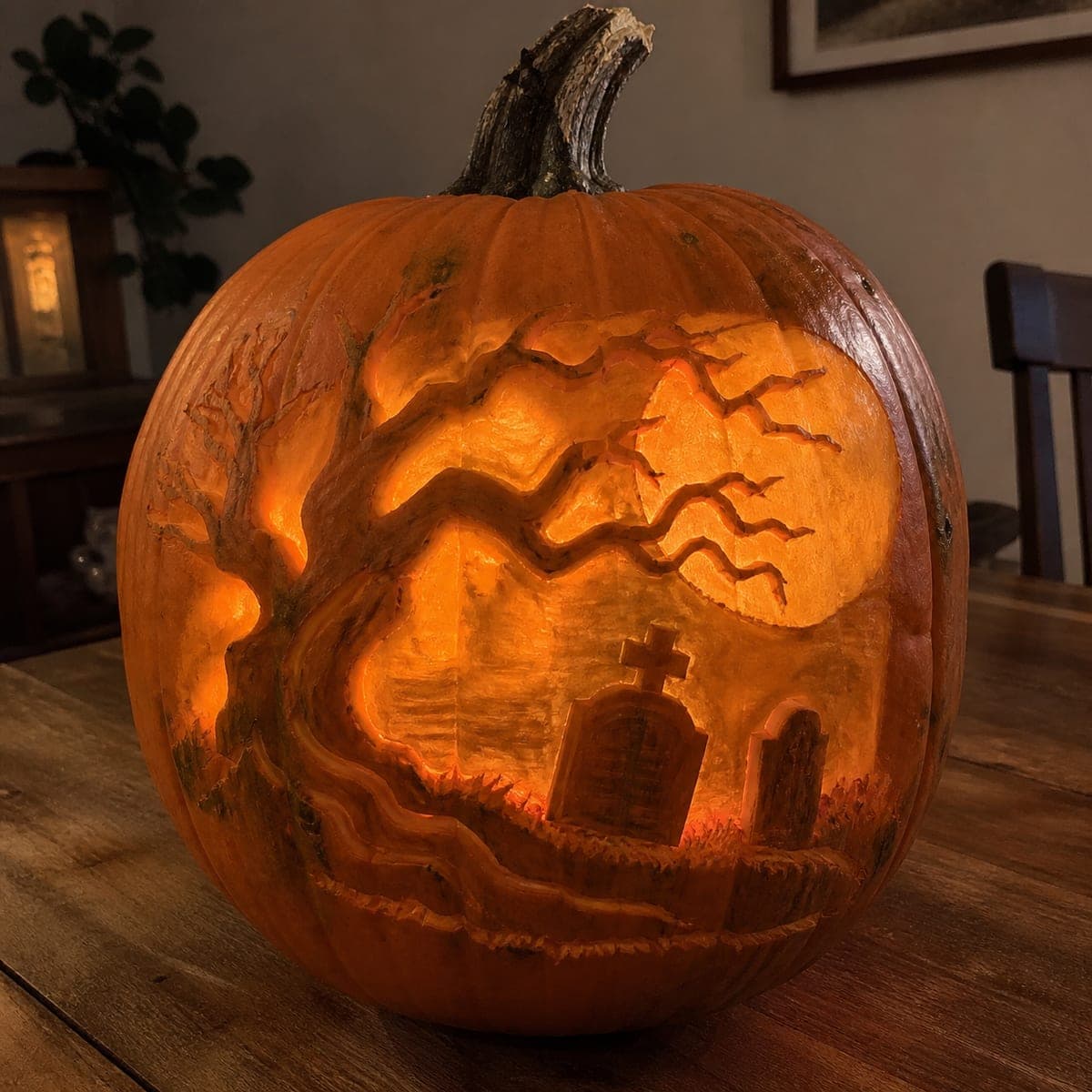 Haunted Graveyard and Bare Tree Pumpkin Scene