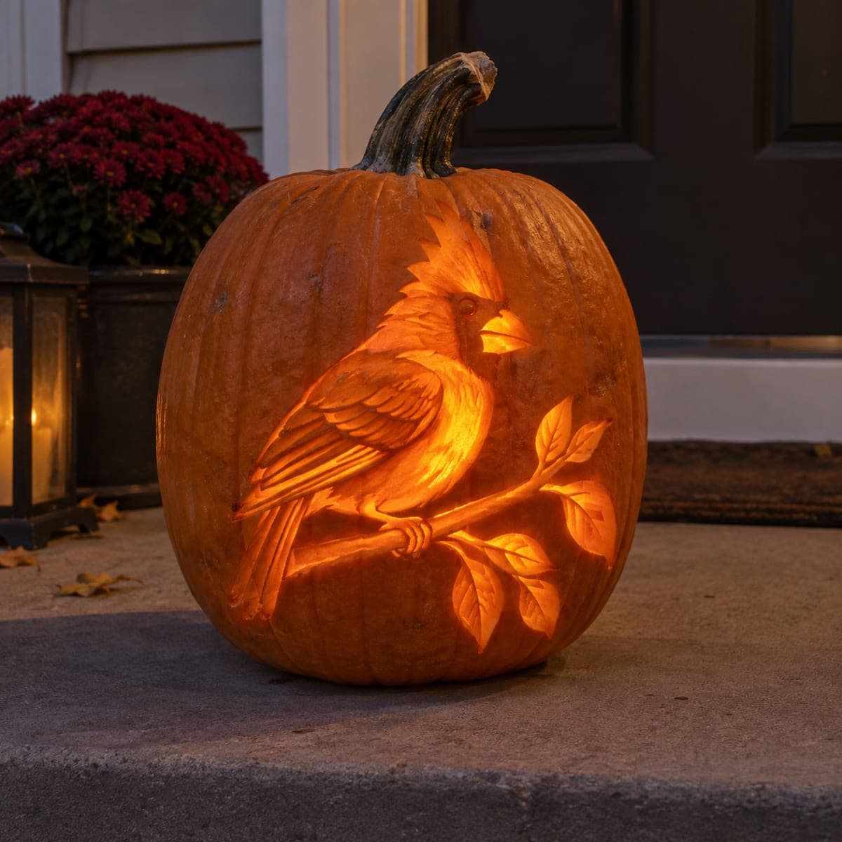 Cardinal on a Branch Carved Pumpkin