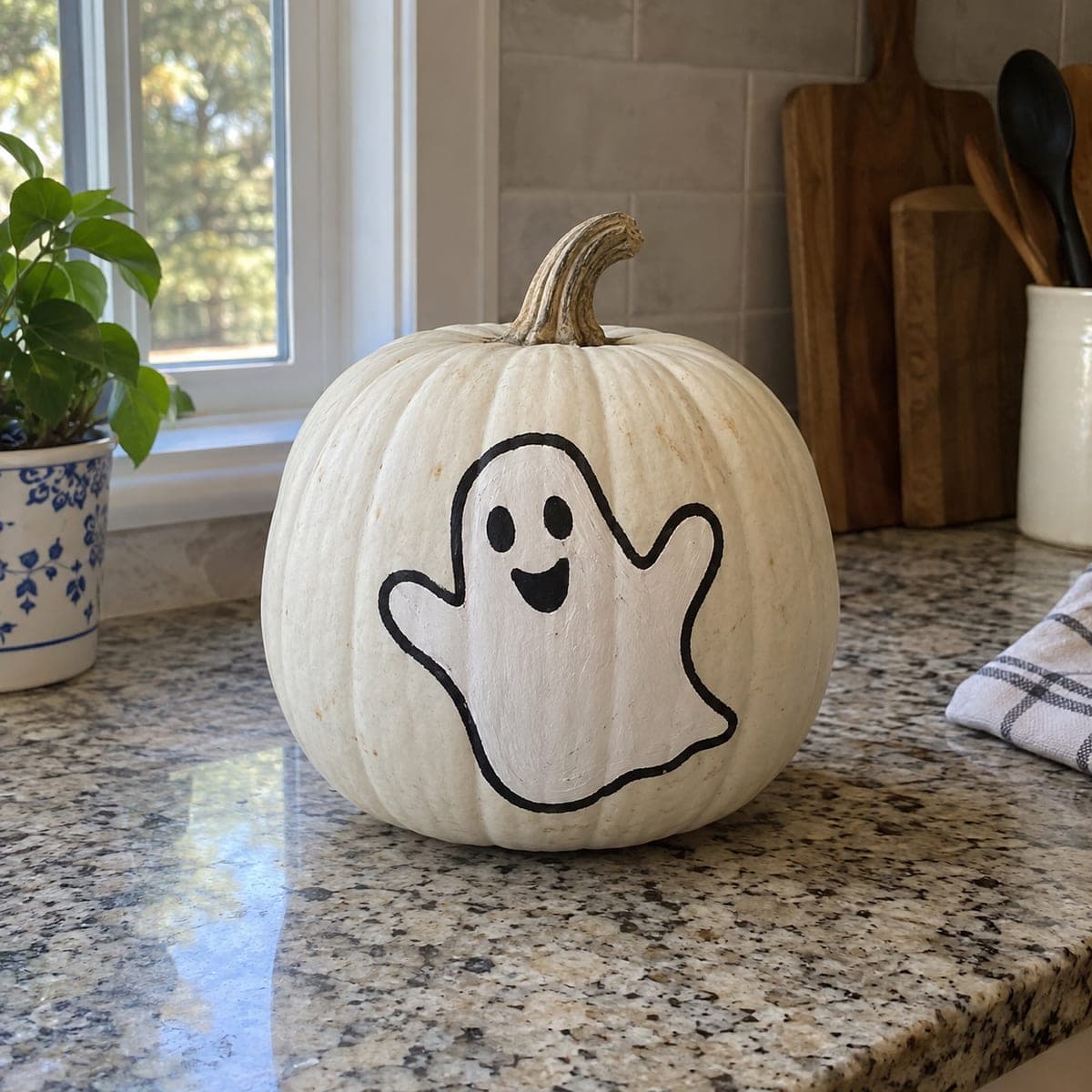 Simple Painted Ghost on a White Pumpkin
