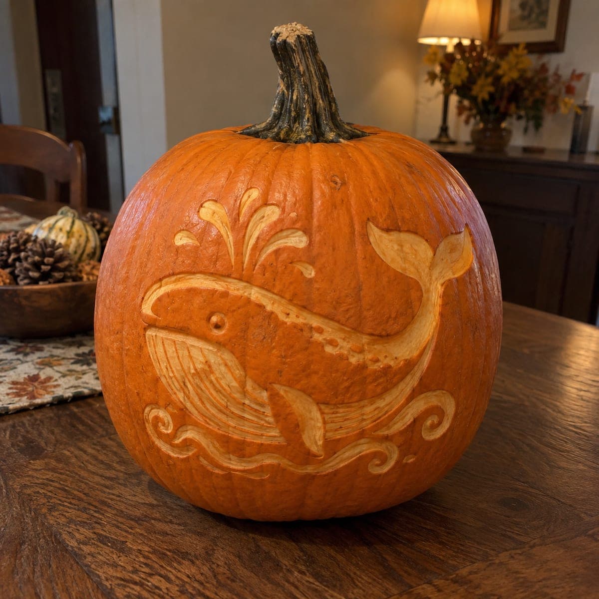 Spouting Whale Etched Pumpkin Design