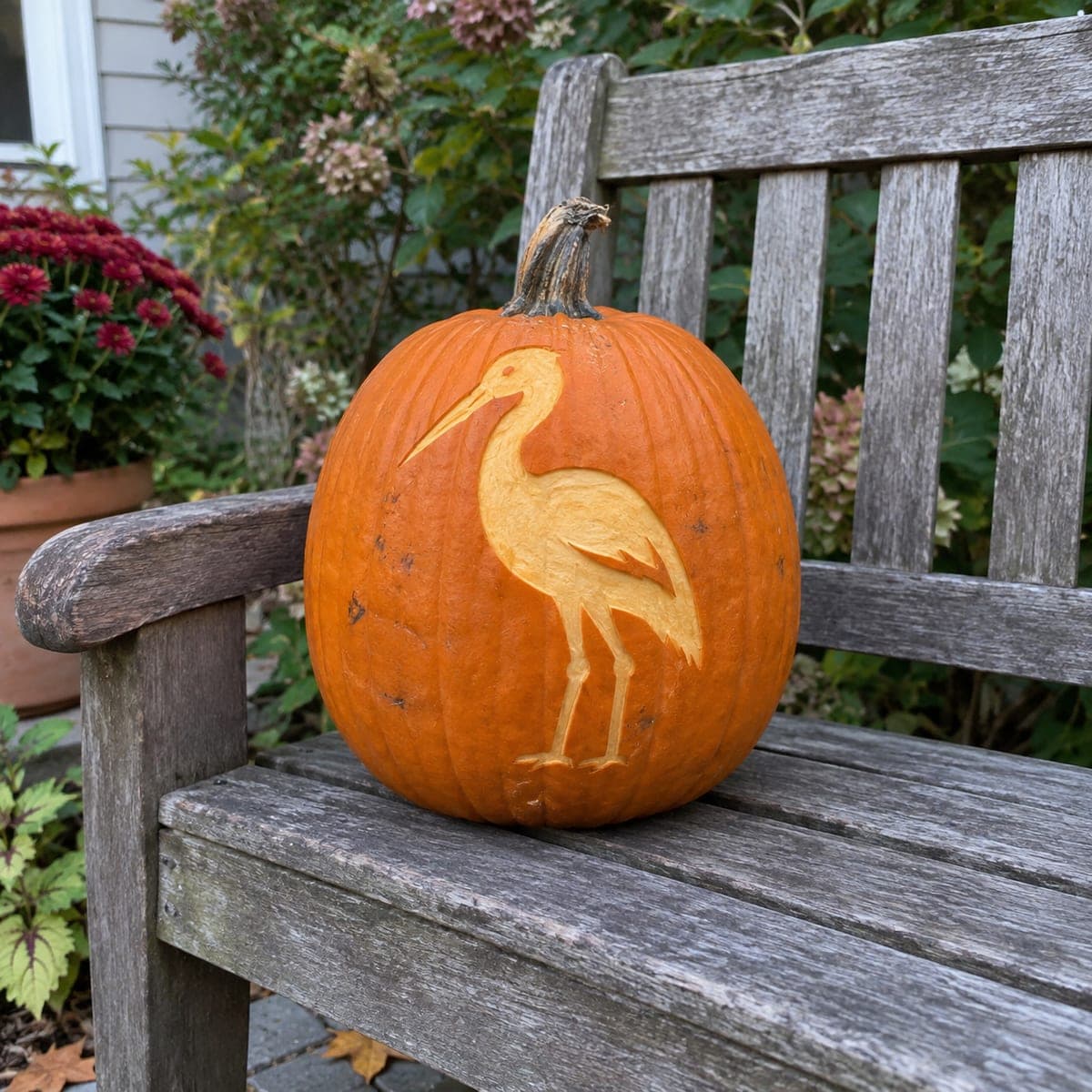 Standing Stork Surface Carved Pumpkin