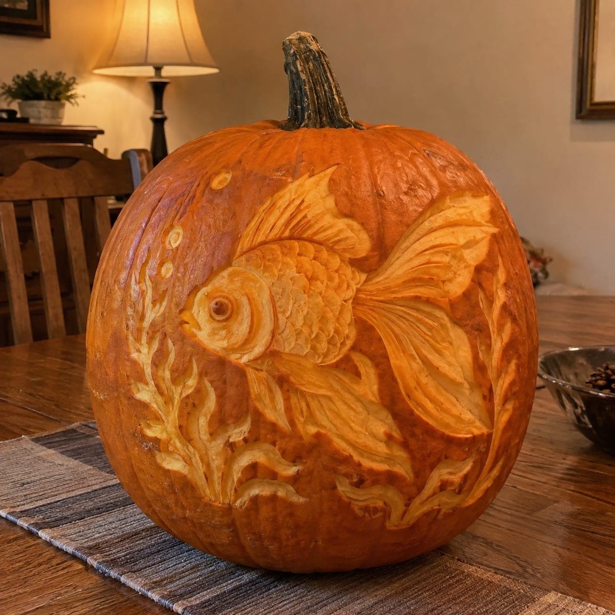 Fancy Goldfish Etched Pumpkin With Flowing Fins