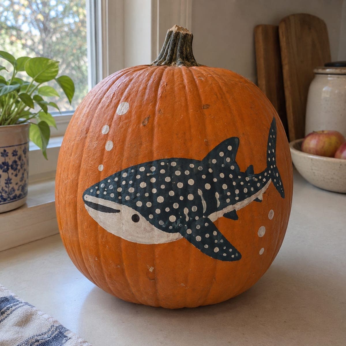 Whale Shark Painted Pumpkin in Navy and White