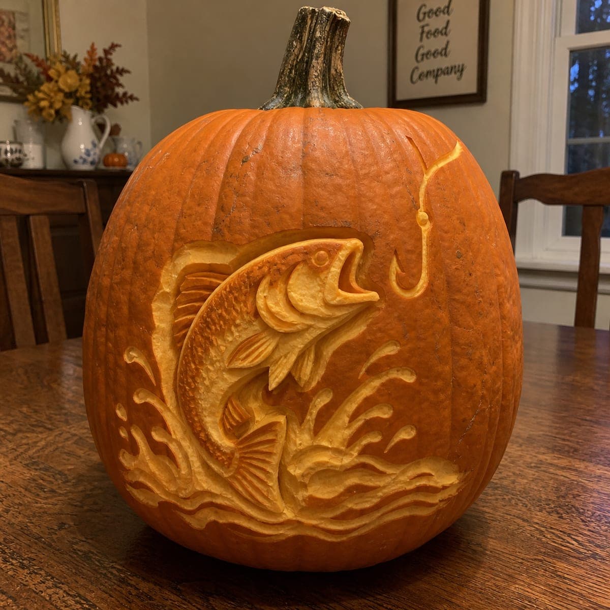 Leaping Bass and Fishhook Carved Pumpkin