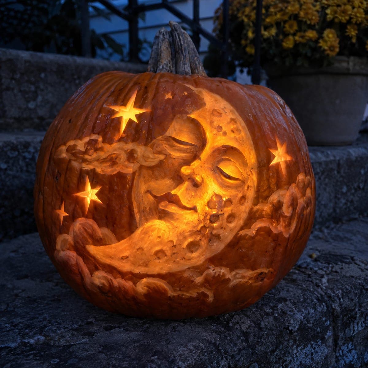Man in the Moon Pumpkin With Clouds and Stars