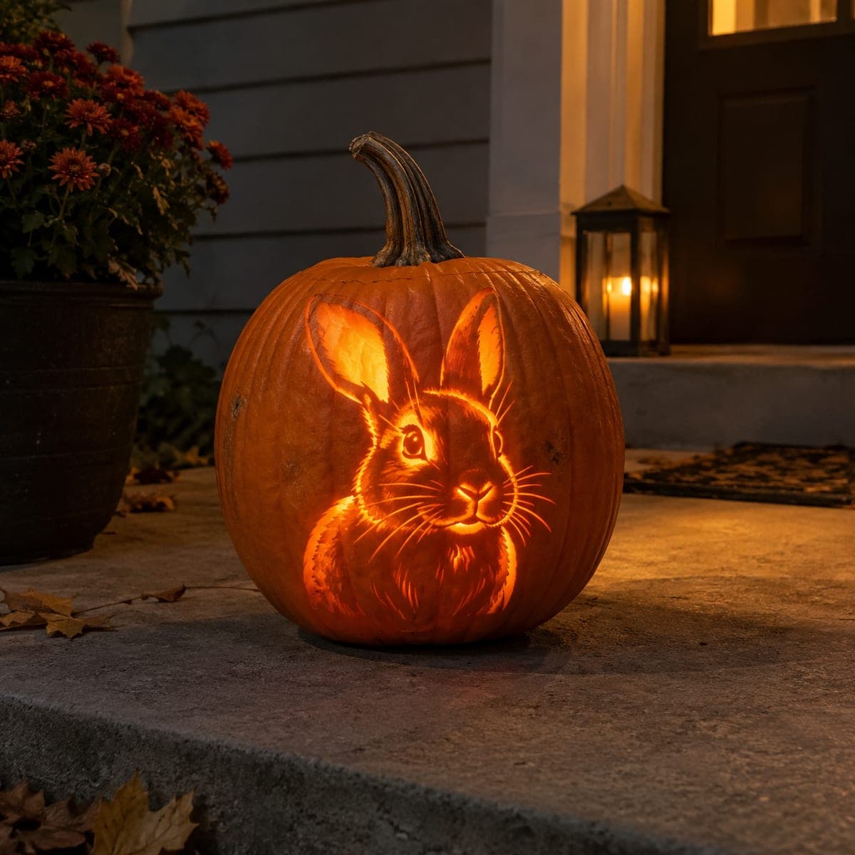 Glowing Bunny Rabbit Etched Pumpkin Portrait