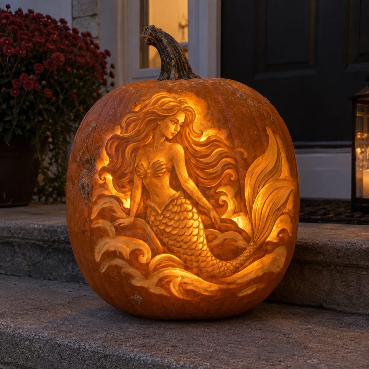Mermaid Etched Pumpkin With Flowing Waves
