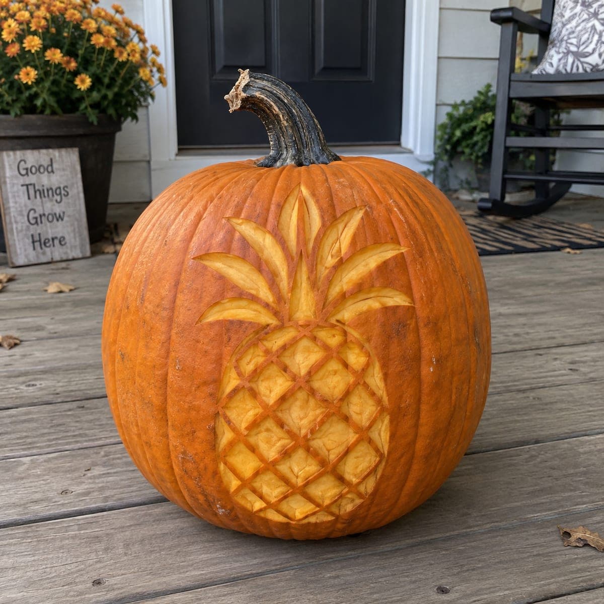 Pineapple Carved Pumpkin for Fall Porch Decor