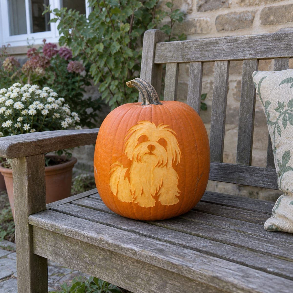Fluffy Maltese Puppy Etched on a Pumpkin