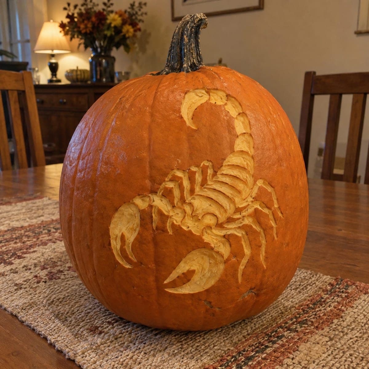 Sculpted Scorpion Relief Carved Into a Pumpkin