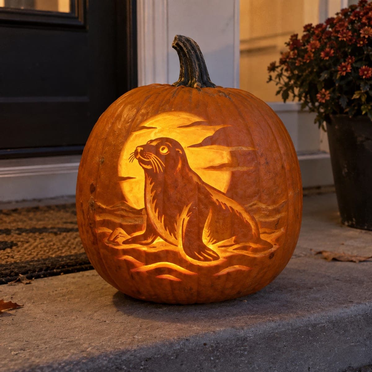 Harbor Seal and Moon Glowing Pumpkin Scene
