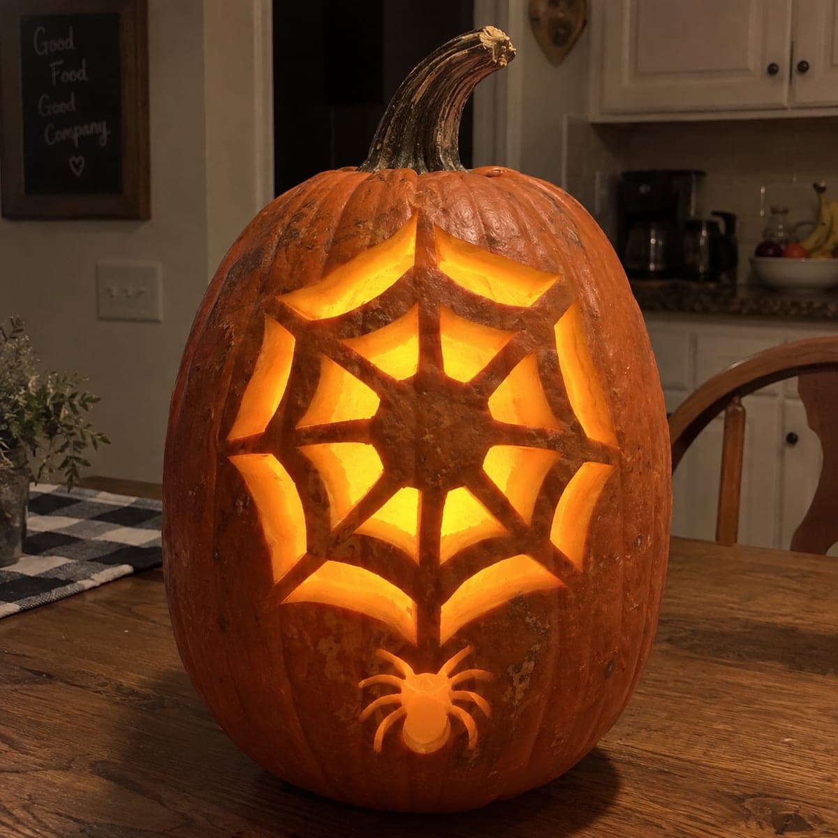 Classic Spider Web Jack-O-Lantern With Dangling Spider