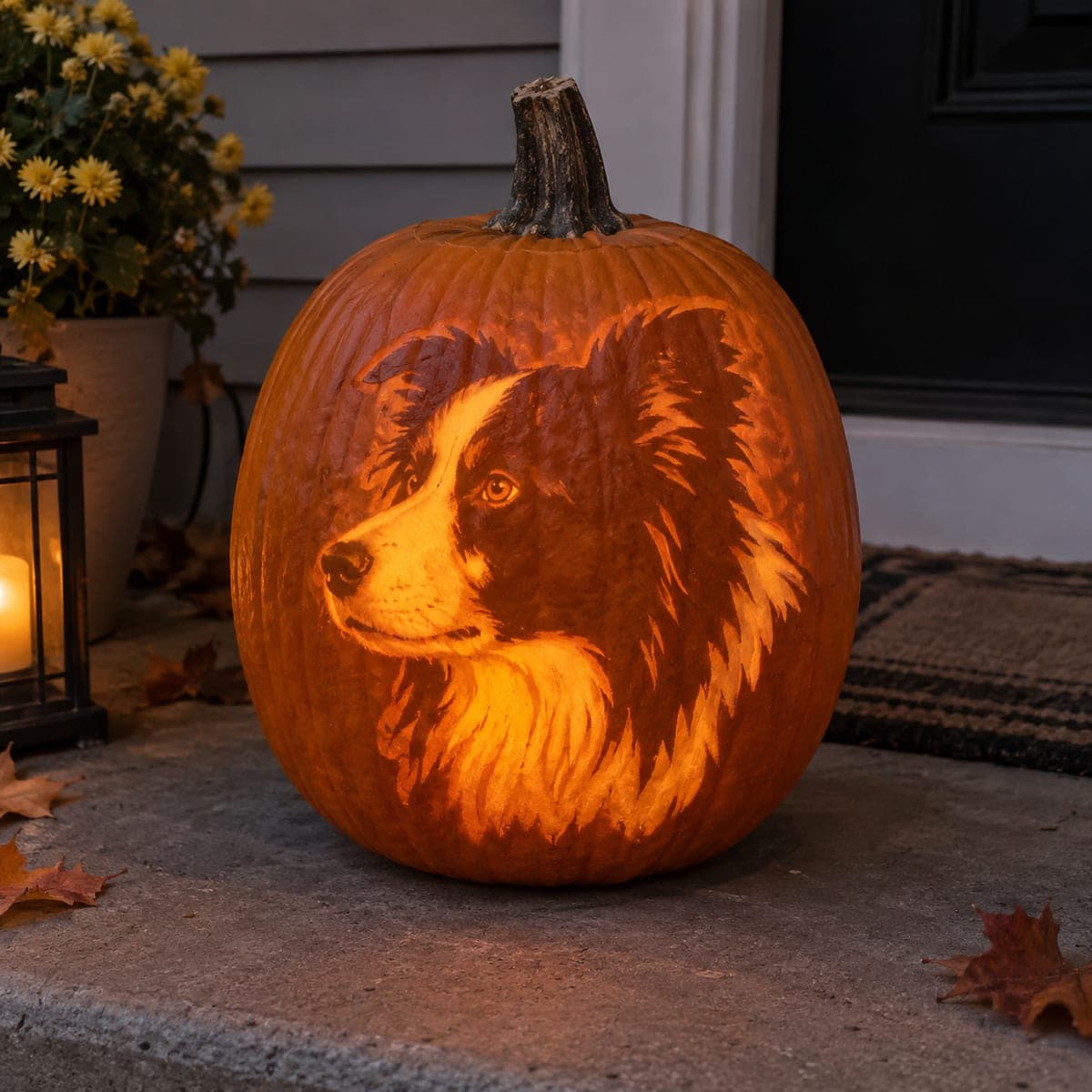 Border Collie Portrait Carved on a Pumpkin