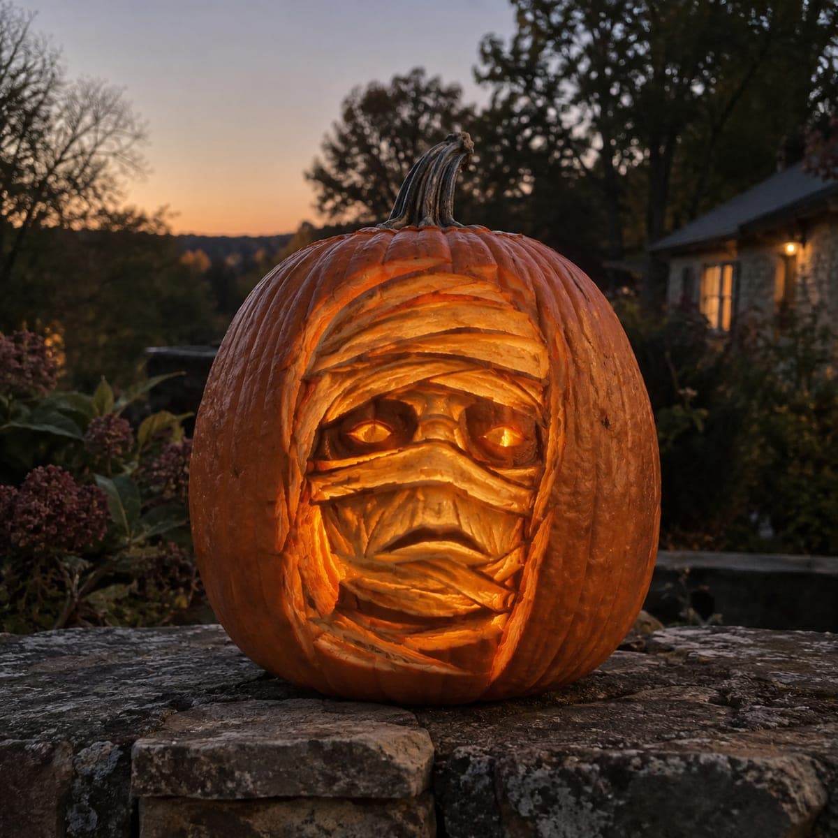 Mummy Face Pumpkin Carving With Glowing Eyes