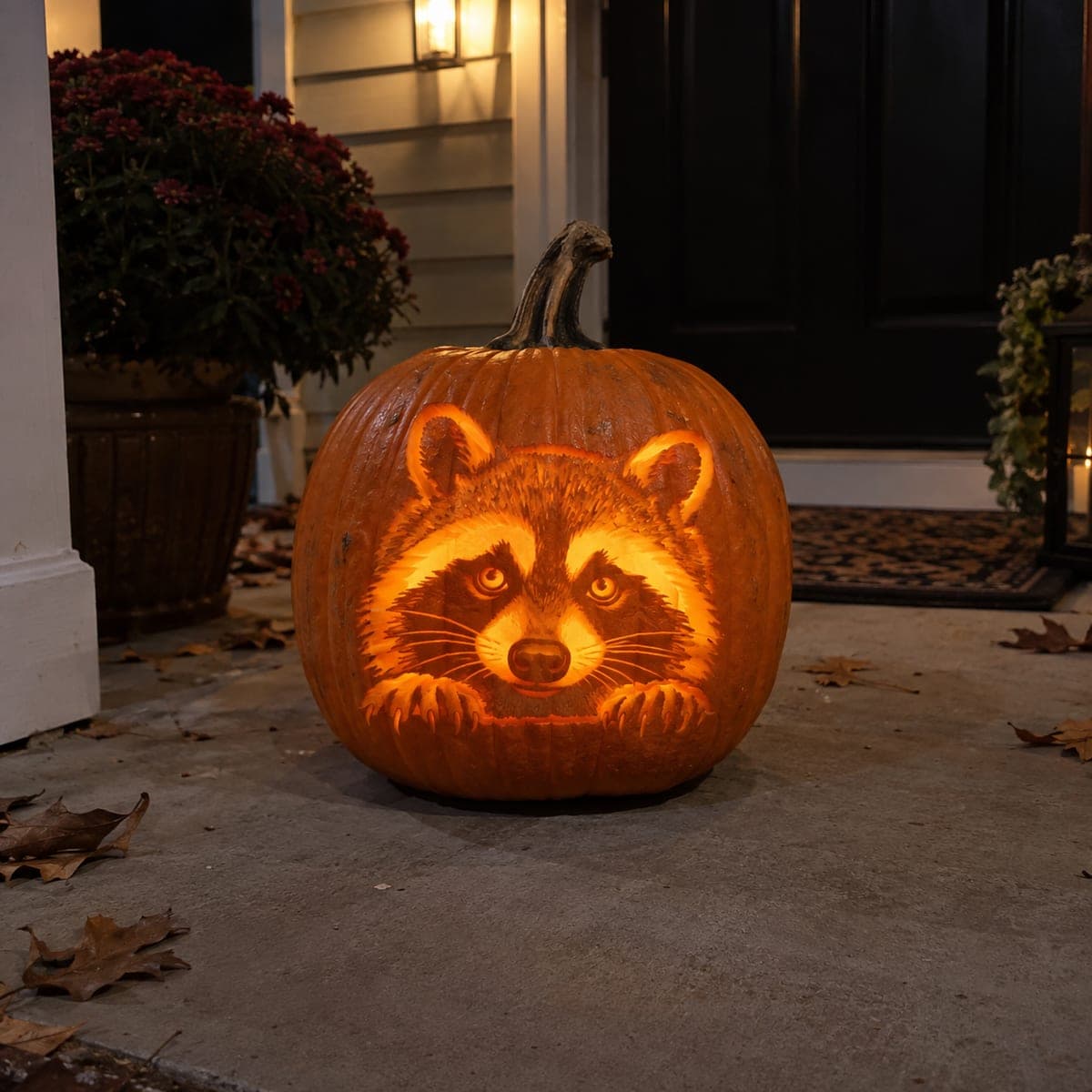 Curious Raccoon Peeking Jack-O-Lantern Portrait