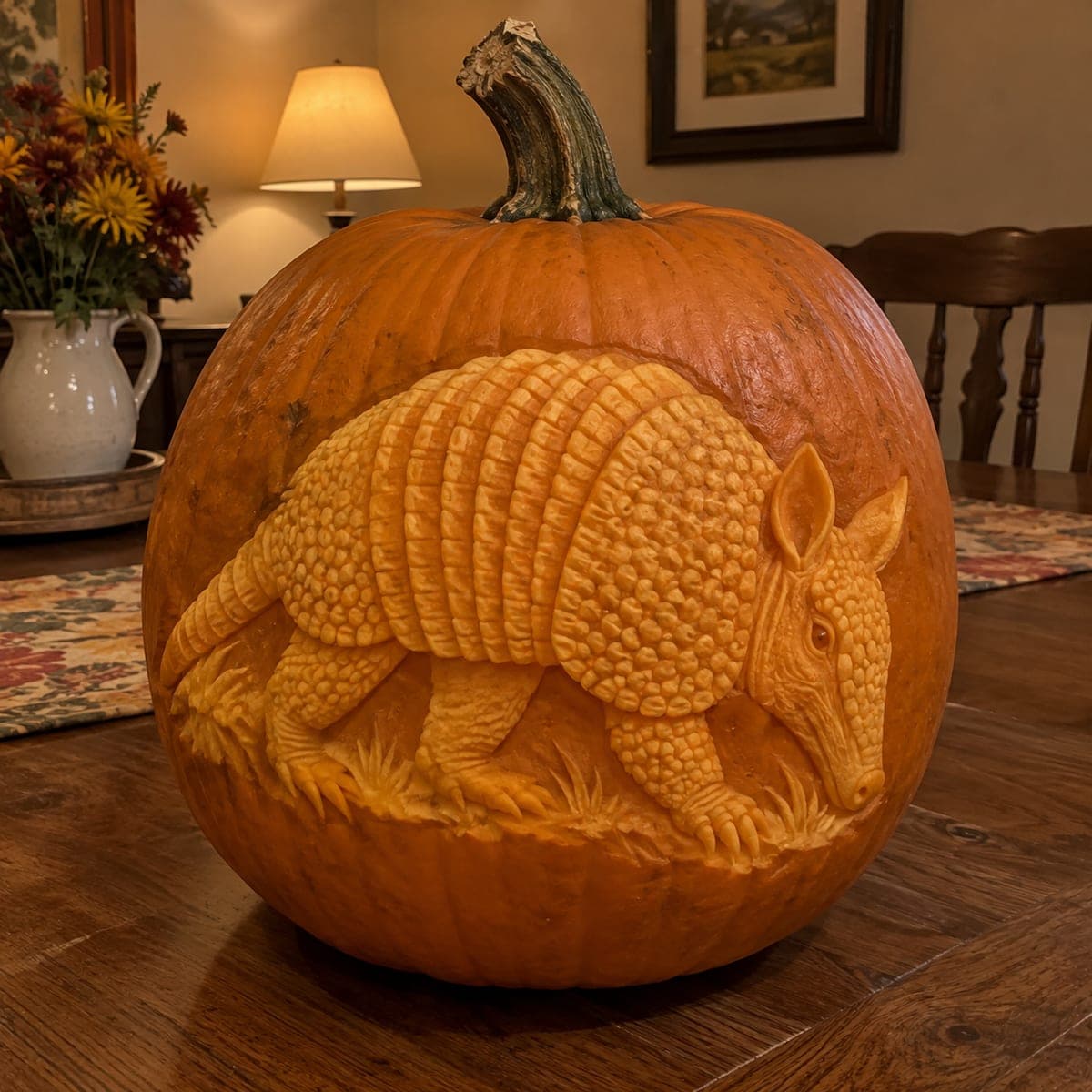 Textured Armadillo Relief Carved Pumpkin