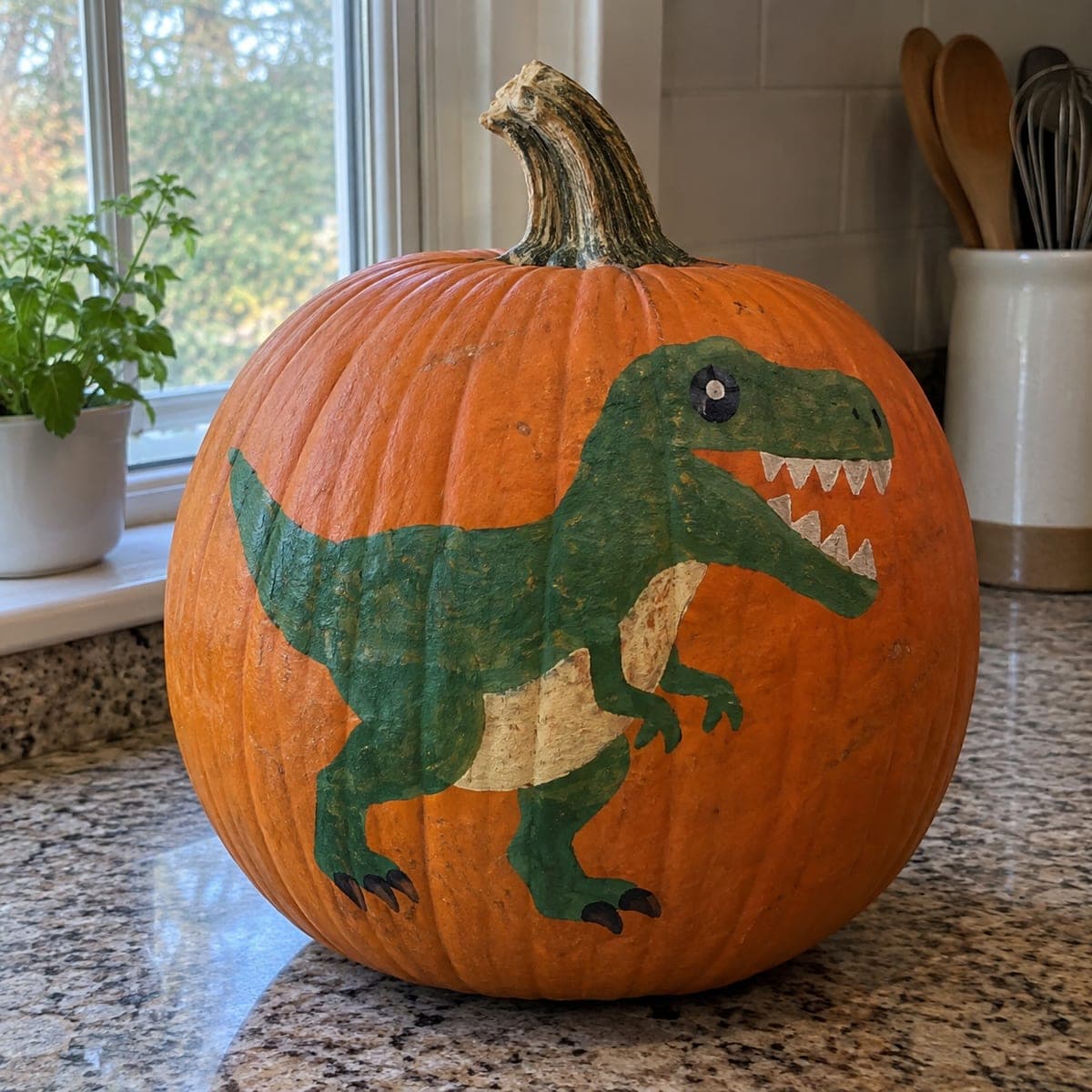 Friendly T-Rex Painted Pumpkin for Kids