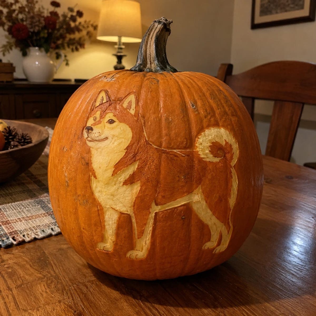 Shiba Inu Painted Pumpkin Portrait