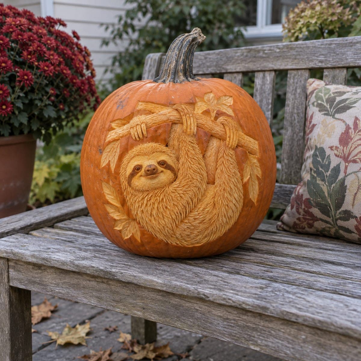 Hanging Sloth Relief Carved Pumpkin