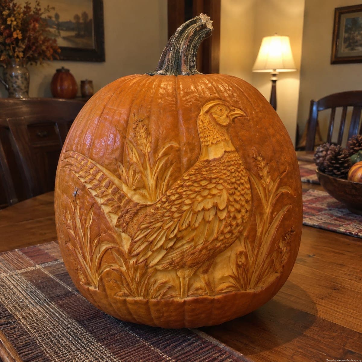 Ring-Necked Pheasant Relief Carved Pumpkin Scene