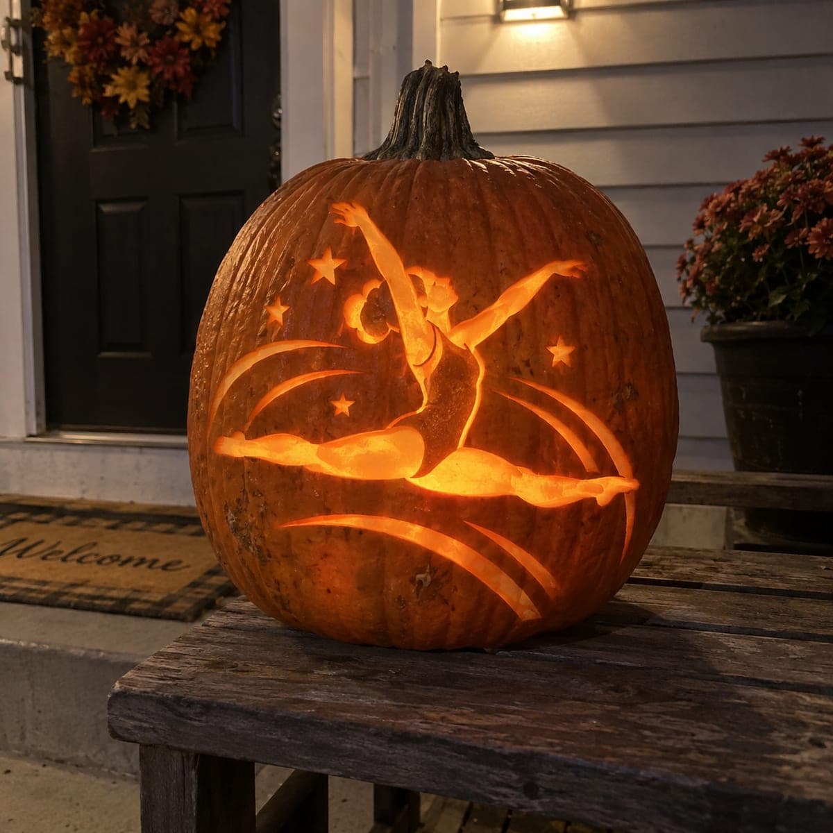 Leaping Gymnast Jack-O-Lantern With Shooting Stars