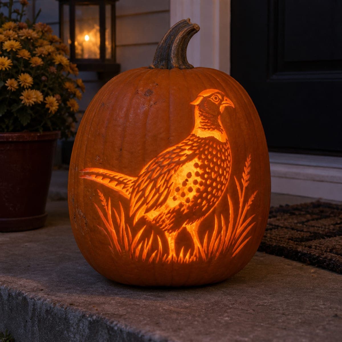 Ring-Necked Pheasant Pumpkin Carving in Tall Grass