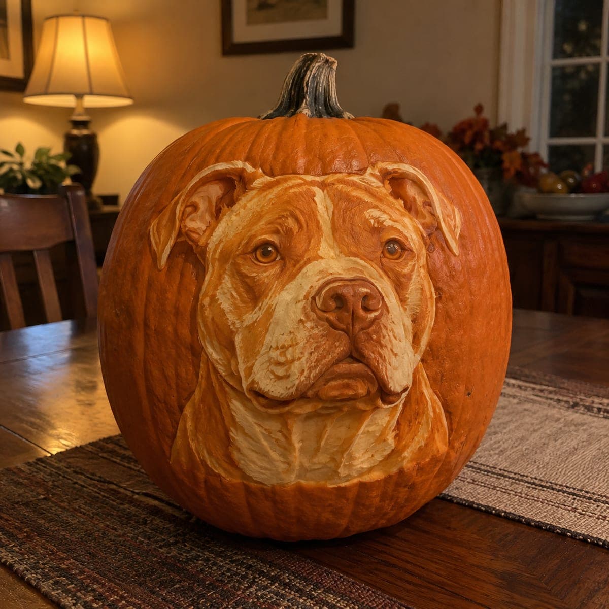 Realistic Pit Bull Portrait Relief Pumpkin