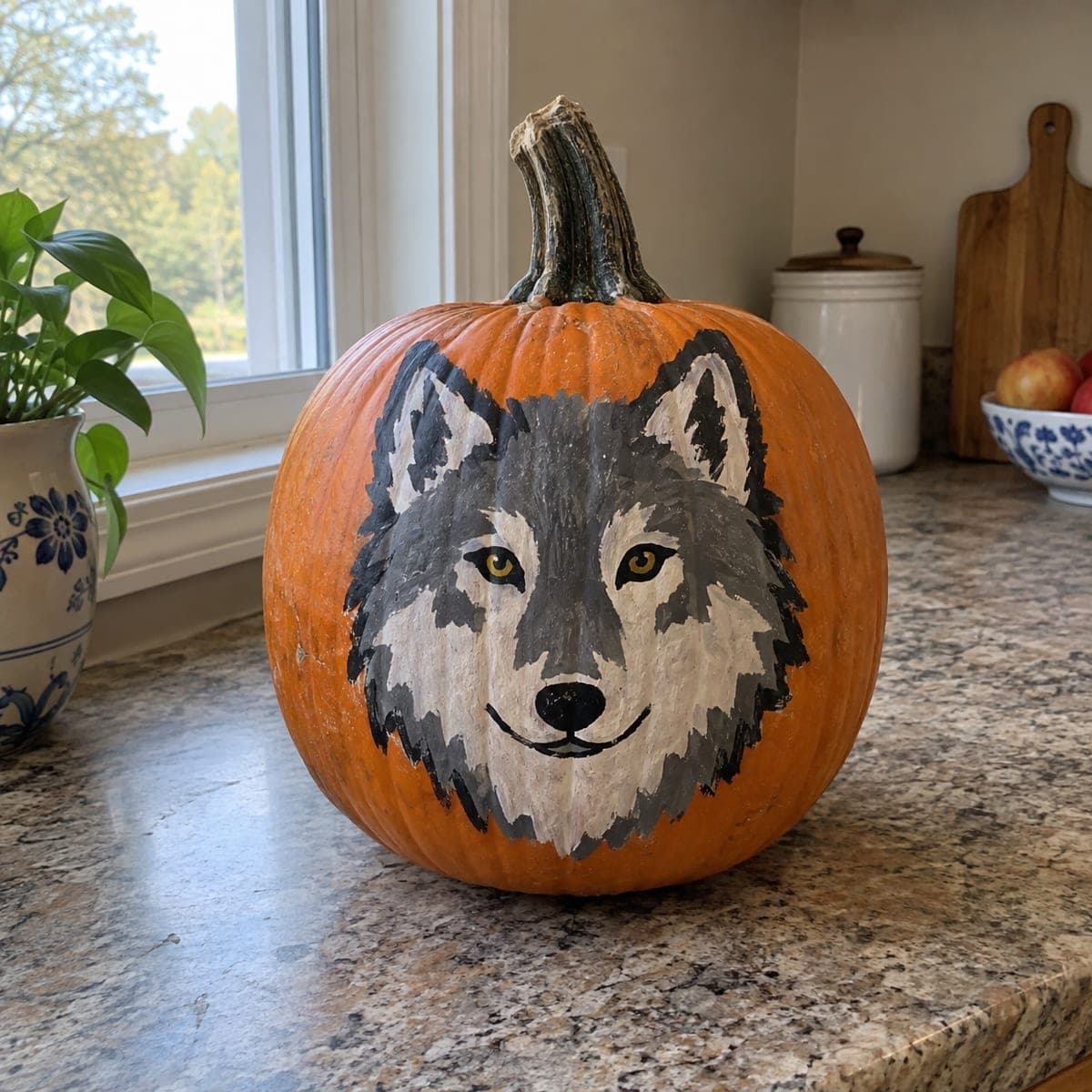 Hand-Painted Gray Wolf Face Pumpkin