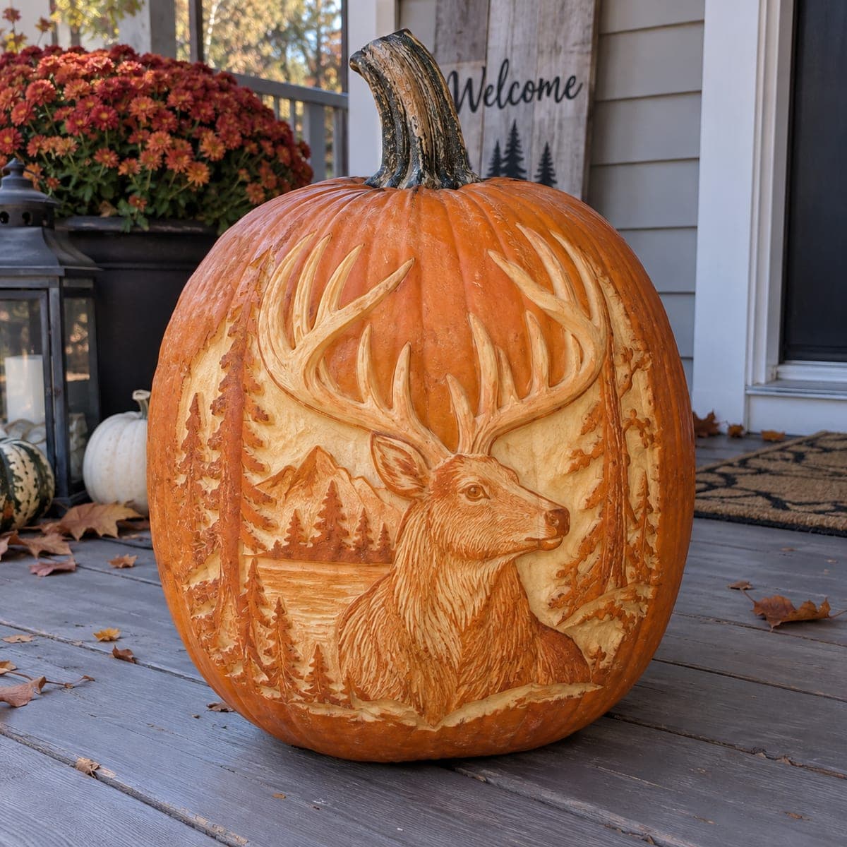 Woodland Stag Relief Pumpkin With Mountain Lake