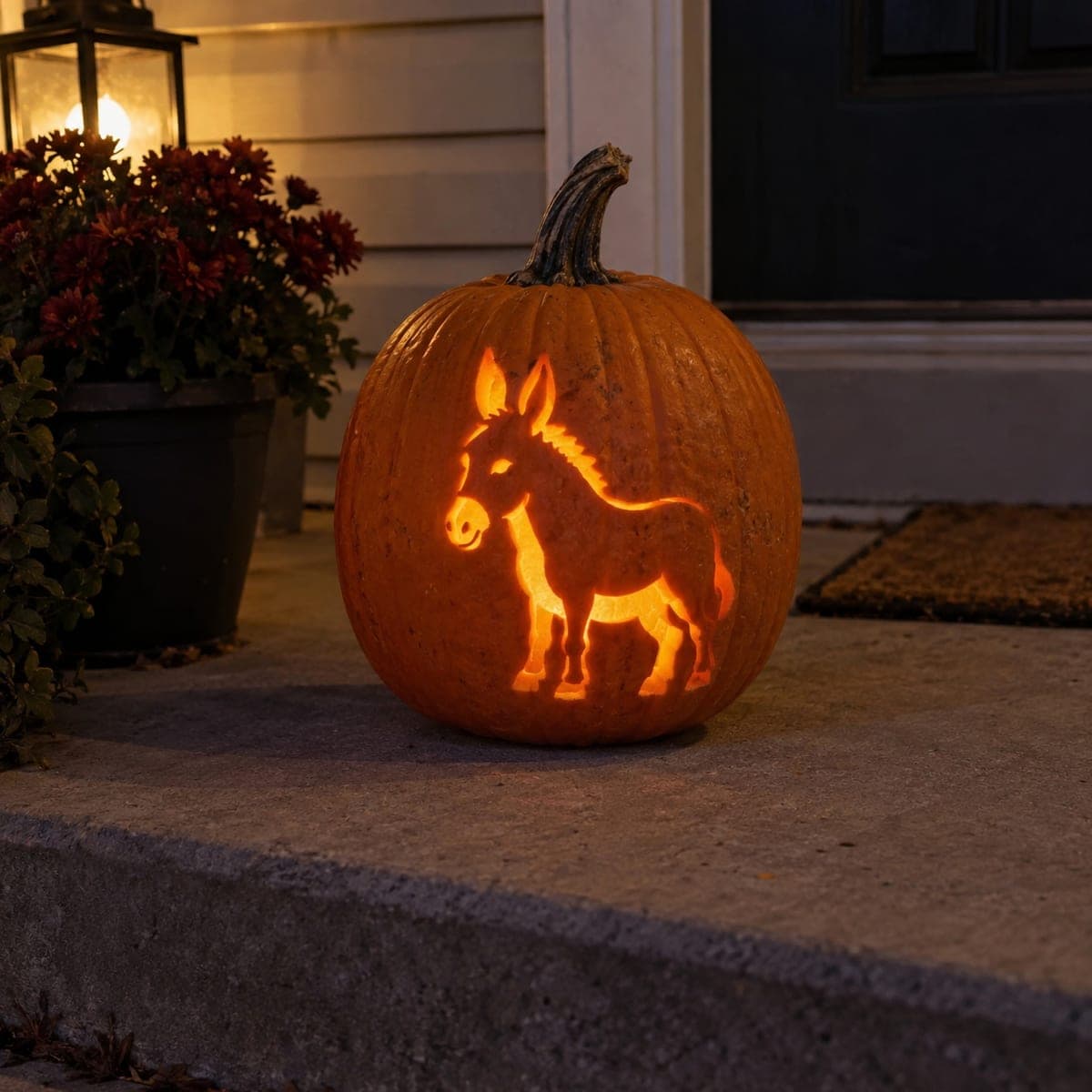 Little Donkey Jack-O-Lantern Glowing at Dusk