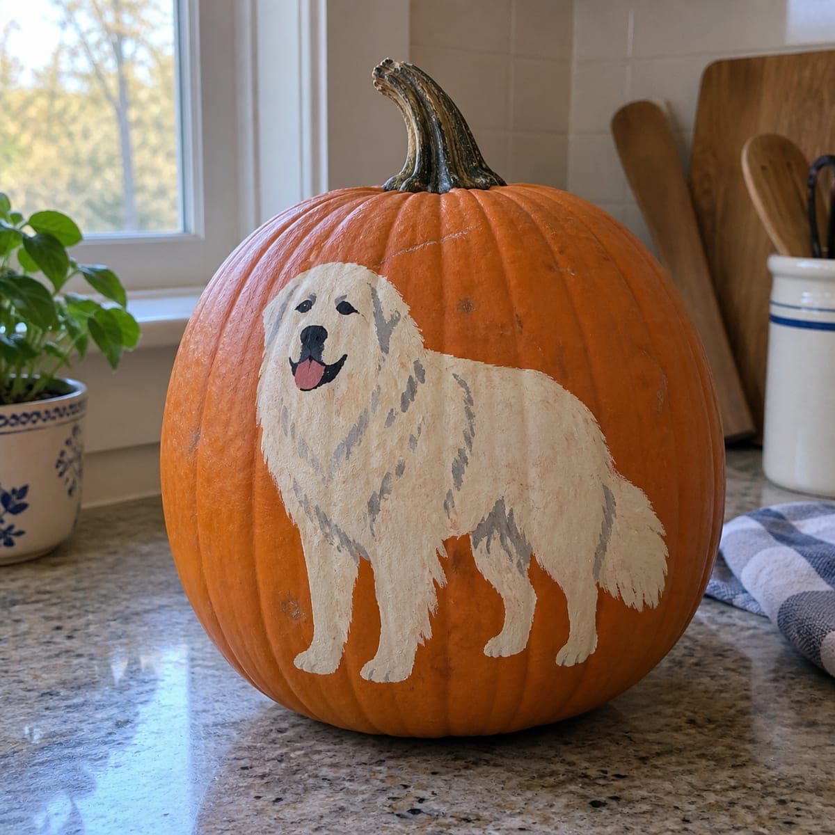 Great Pyrenees Dog Painted Pumpkin Portrait