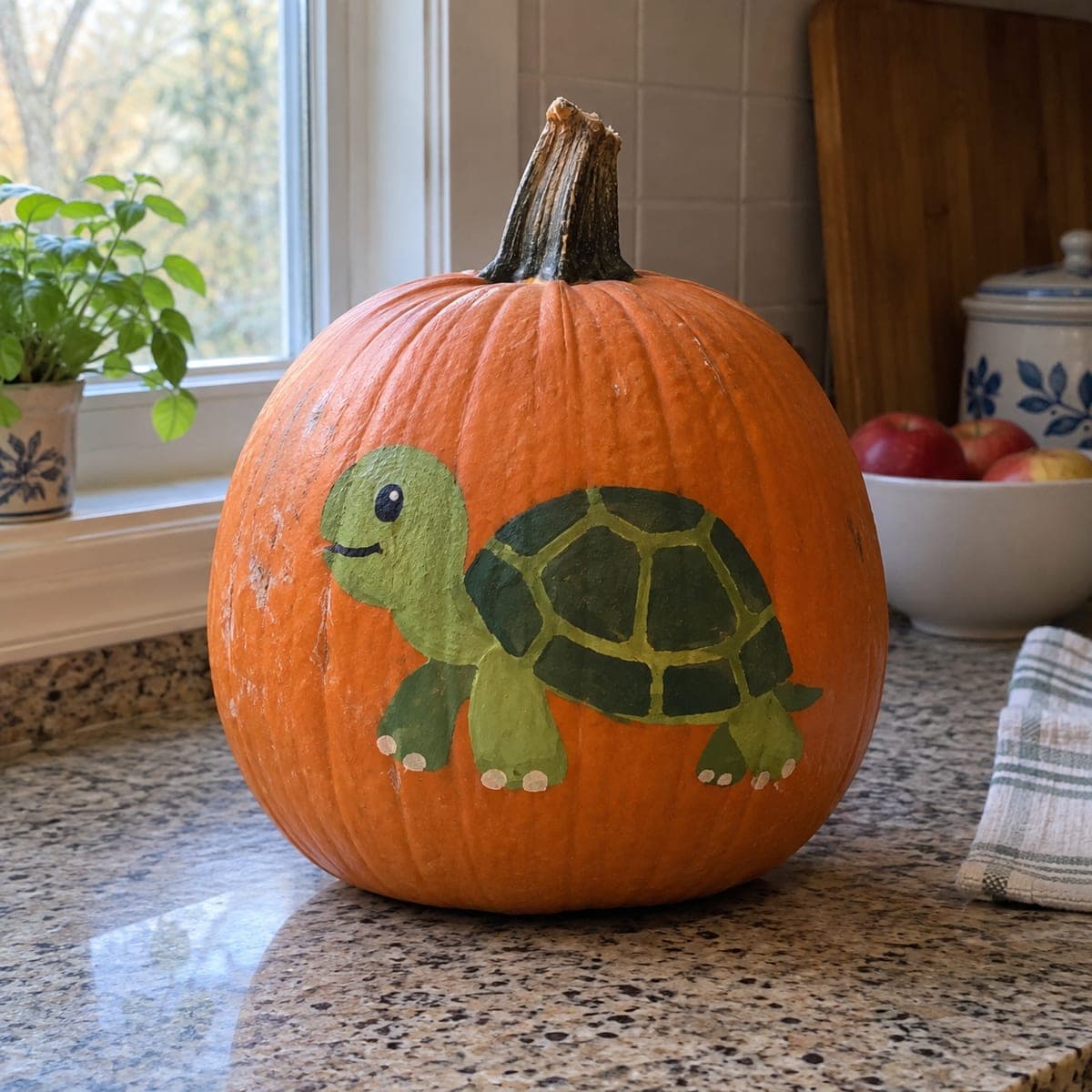 Cheerful Cartoon Turtle Painted Pumpkin
