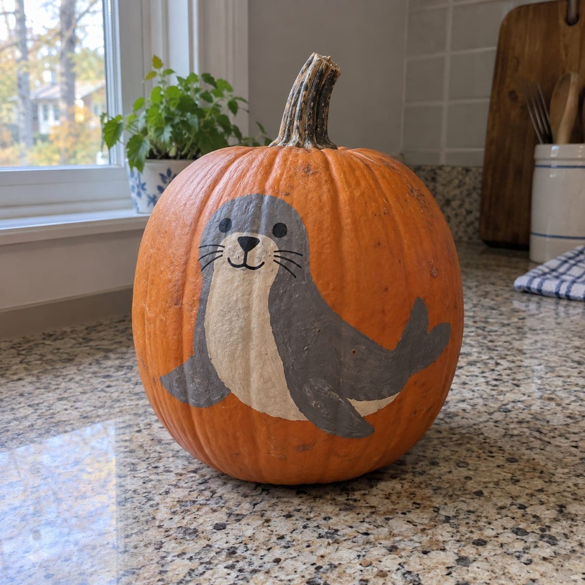 Happy Harbor Seal Painted Pumpkin