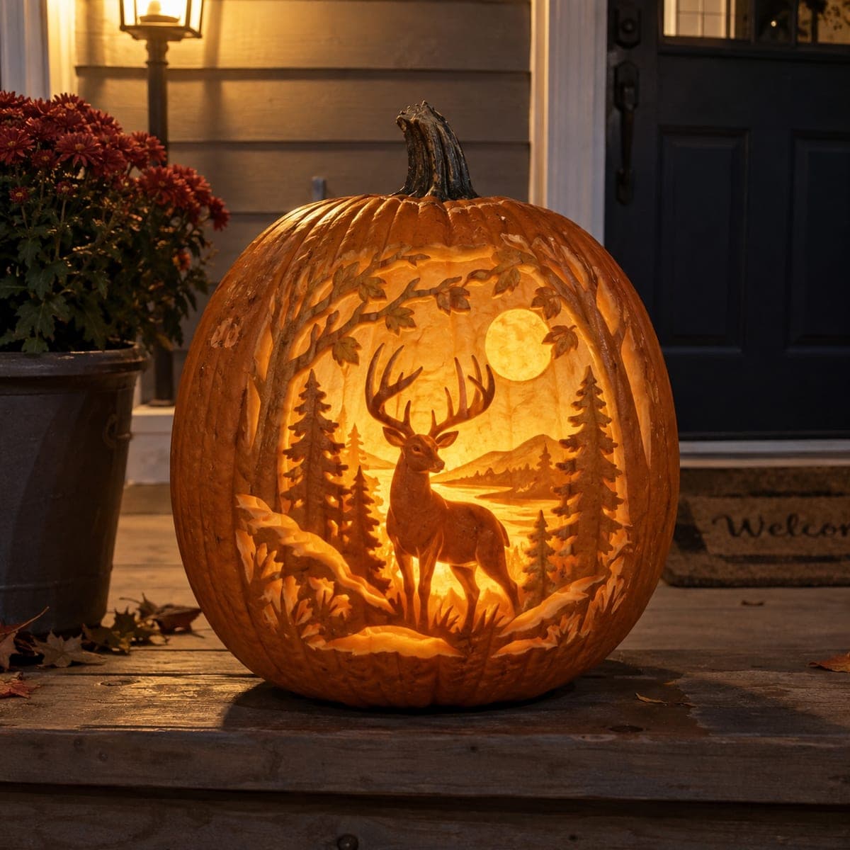 Moonlit Buck Forest Scene Pumpkin Carving