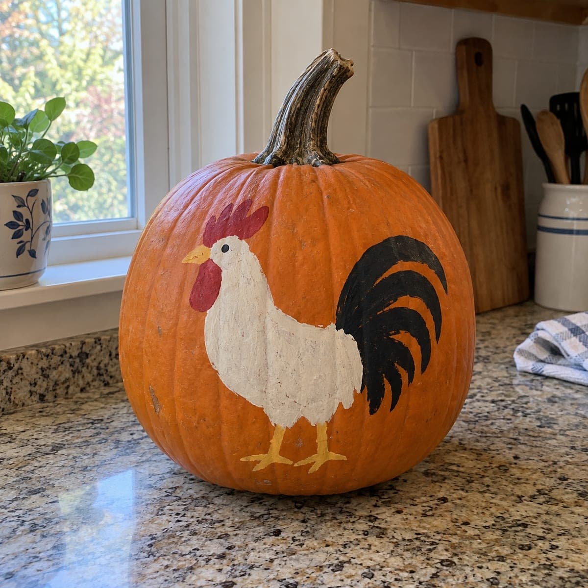 Farmhouse Rooster Painted Pumpkin