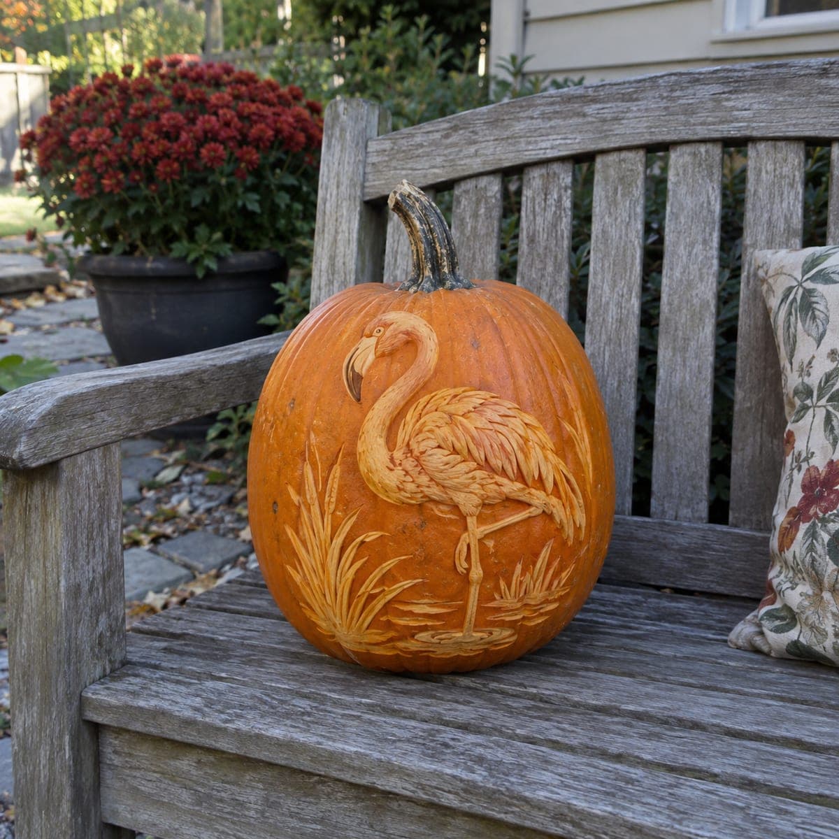 Elegant Flamingo Relief Carved Pumpkin