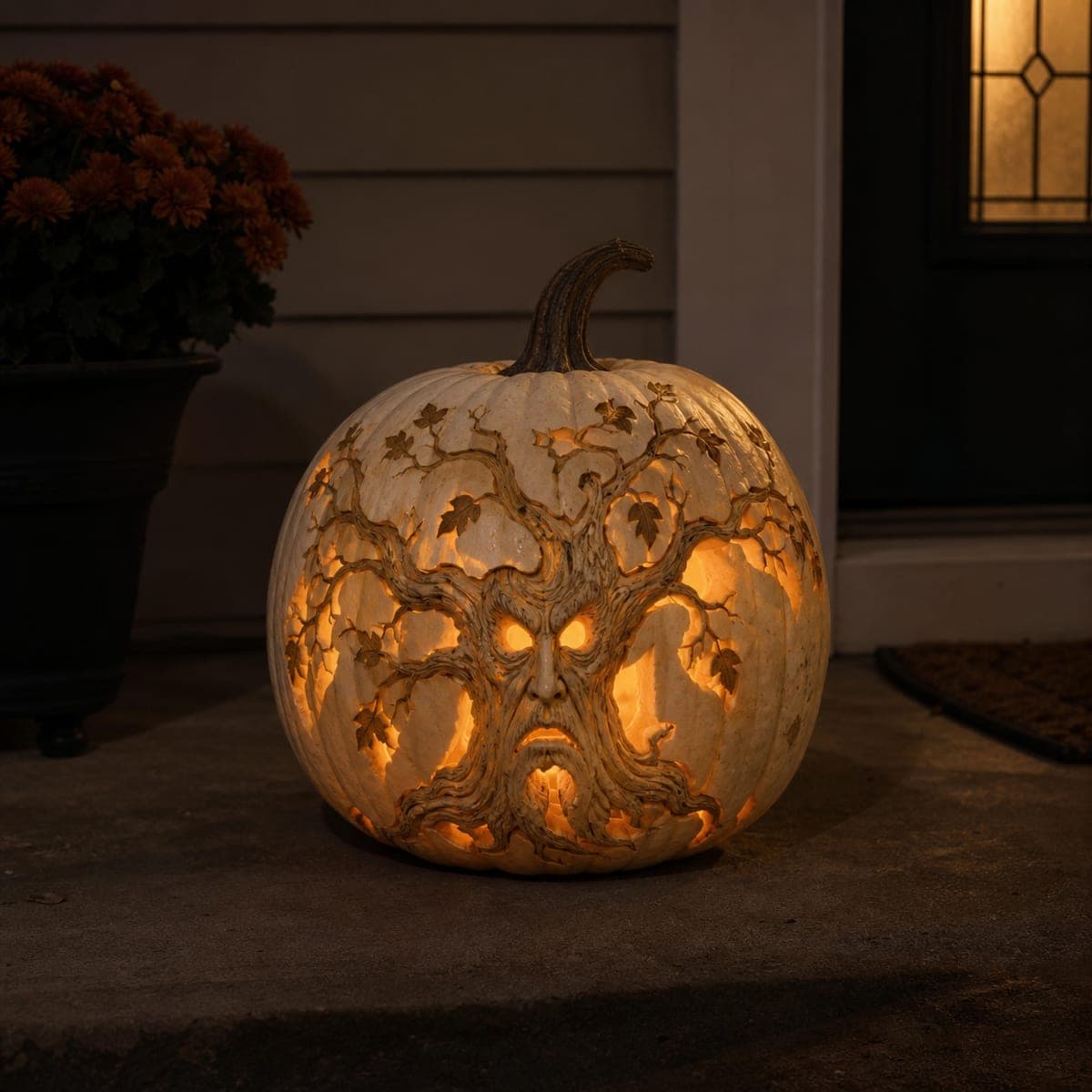 Haunted Tree Face White Pumpkin Carving