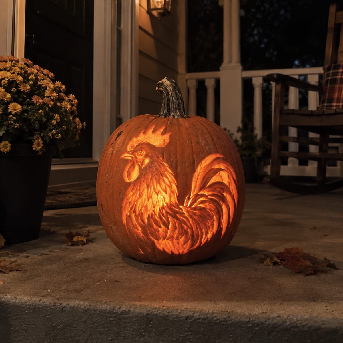 Crowing Rooster Pumpkin Carving With Feathered Tail
