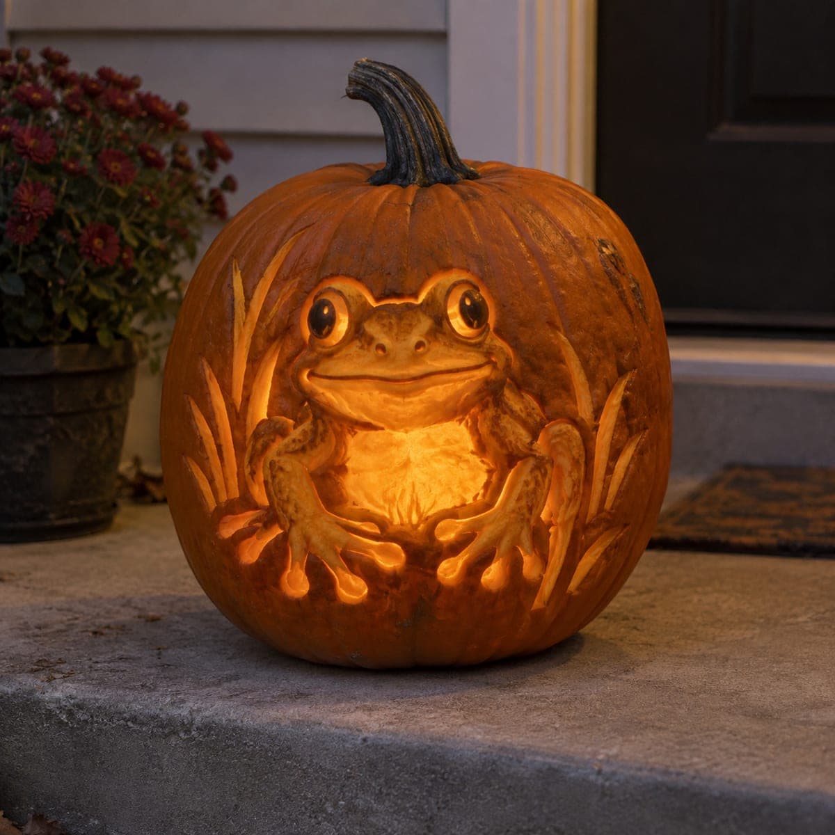 Wide-Eyed Frog Carved Pumpkin in Cattails