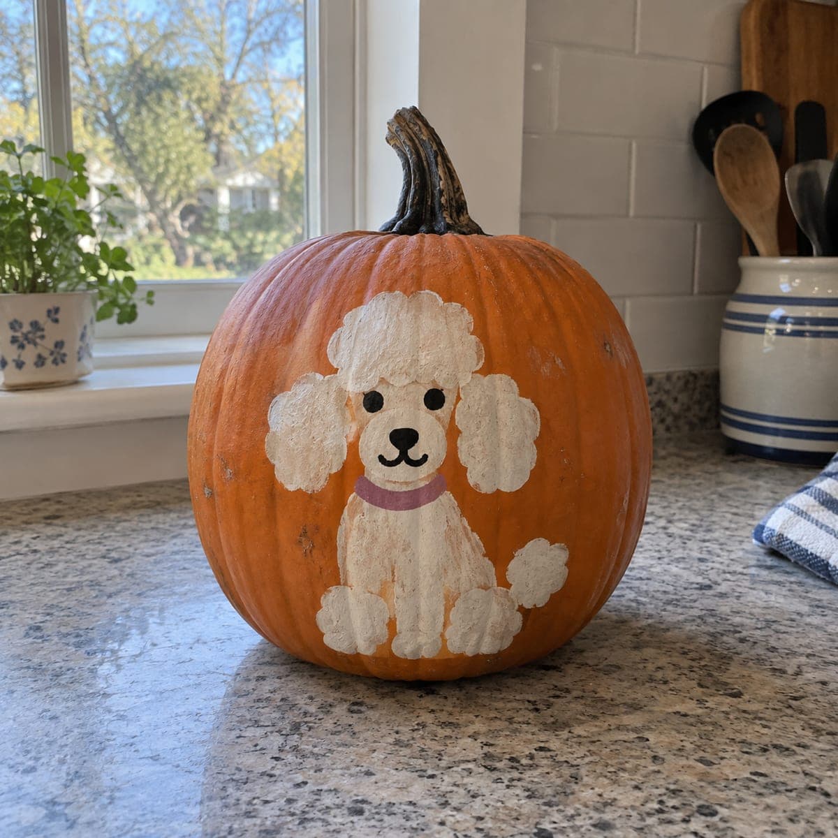 Fluffy White Poodle Painted Pumpkin