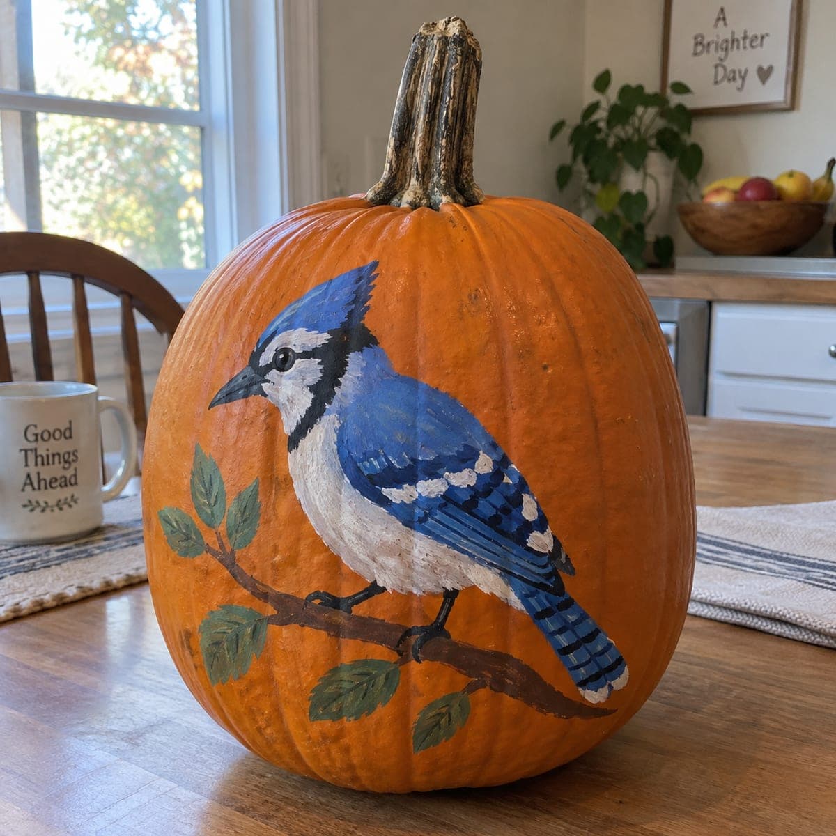 Blue Jay on a Branch Painted Pumpkin