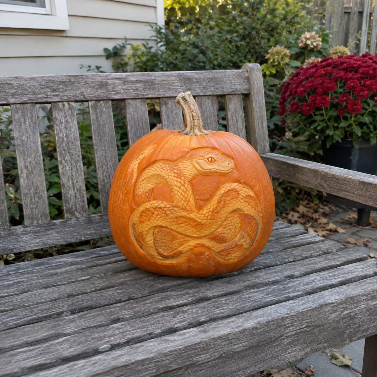 Coiled Snake Relief Carved Pumpkin