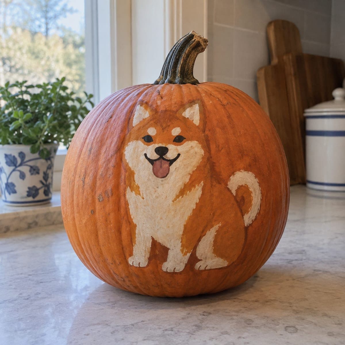 Smiling Shiba Inu Painted Pumpkin