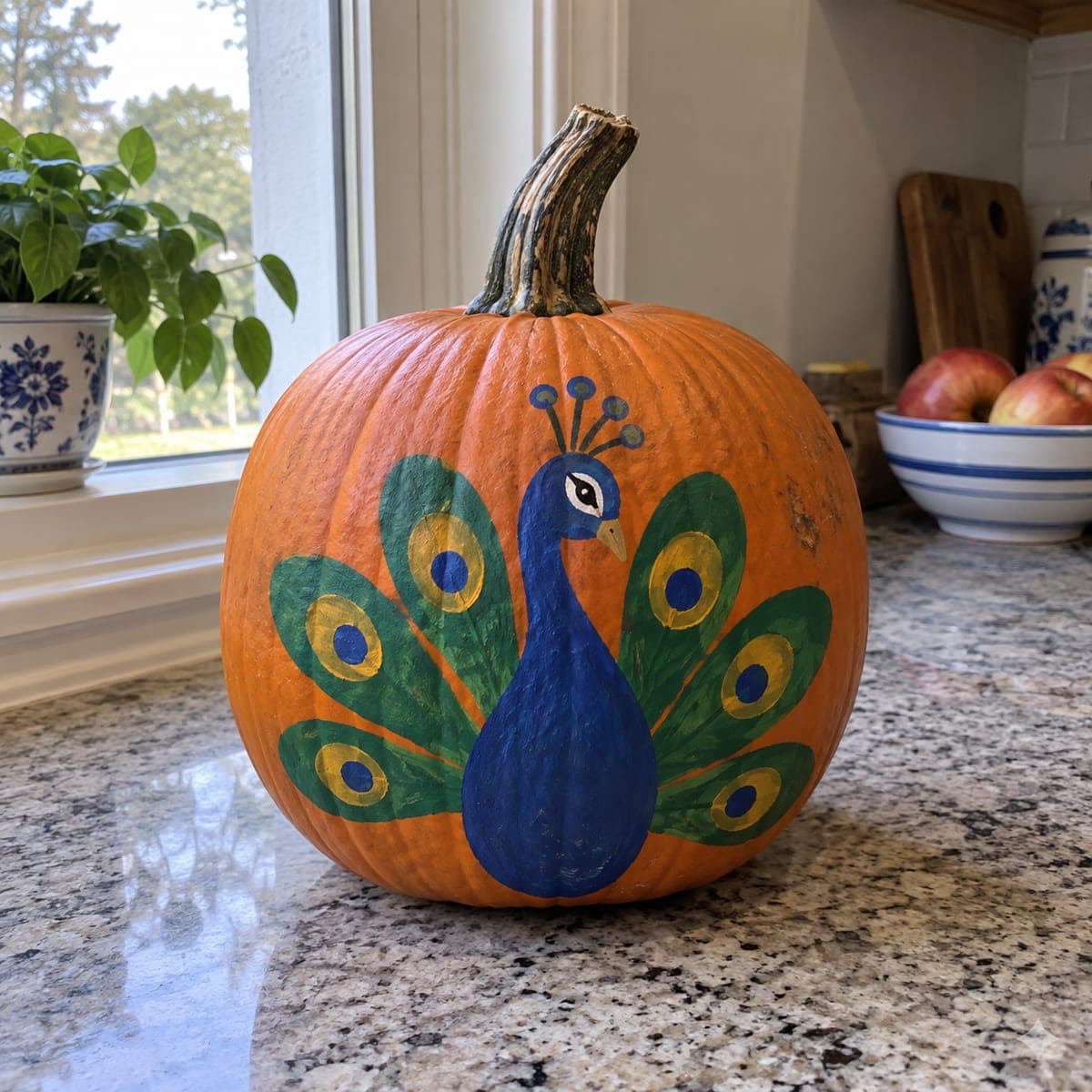 Folk Art Peacock Painted Pumpkin