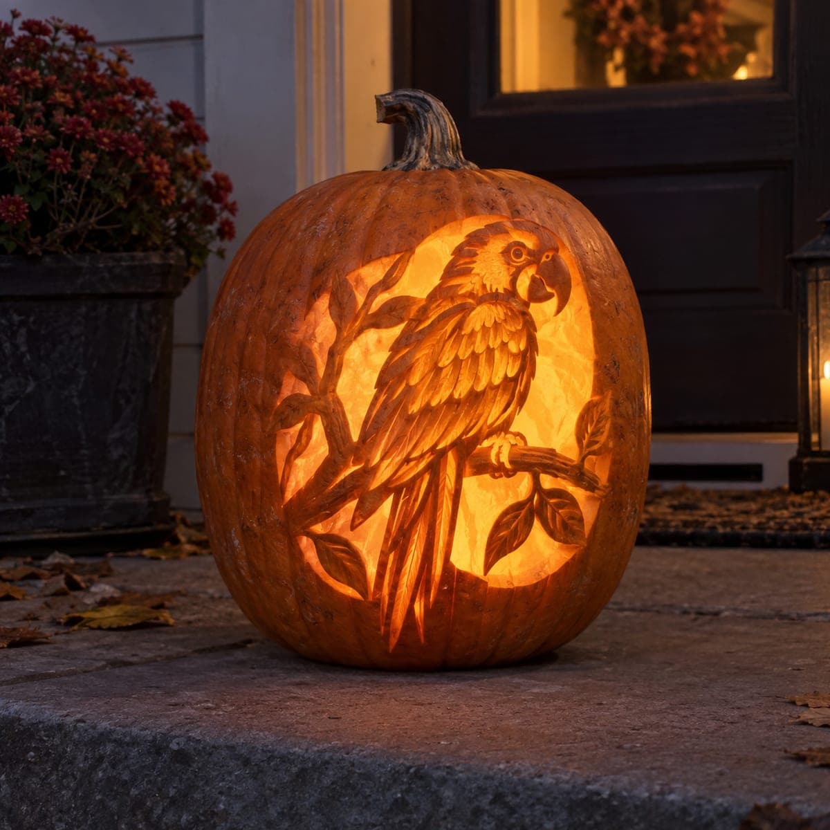 Perched Macaw Parrot Etched Jack-O-Lantern
